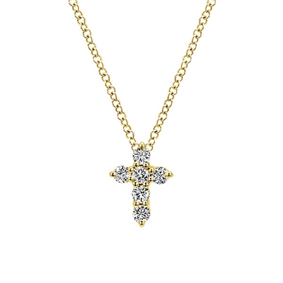 A 14k yellow gold cross loaded with spectacular round brilliant diamonds create this shimmering and shining diamond cross necklace.