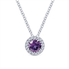 This 14k white gold purple amethyst and diamond necklace features .07 carats of diamonds.