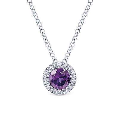 This 14k white gold purple amethyst and diamond necklace features .07 carats of diamonds.