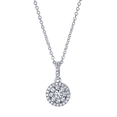 This 14k white gold diamond cluster necklace features a round diamond halo hanging from a diamond bale in this 14k white gold diamond necklace.