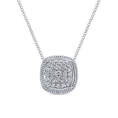 Diamonds gather together in this 14k white gold rope pendant diamond necklace.