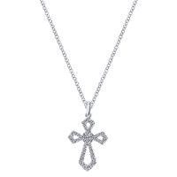 This open diamond cross necklace with a cluster center of round brilliant diamonds boasts one quarter carats of round brilliant diamond shine.