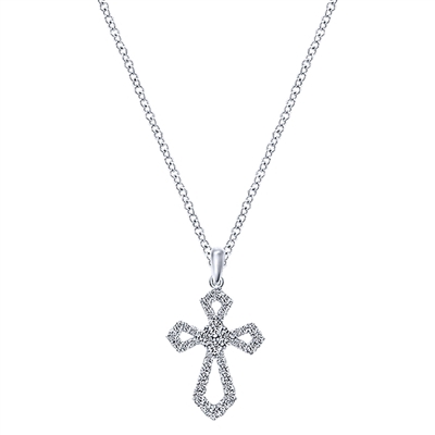 This open diamond cross necklace with a cluster center of round brilliant diamonds boasts one quarter carats of round brilliant diamond shine.