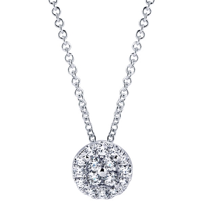 One third carats of round brilliant diamonds hang from a beautiful white gold link chain in this cluster of diamonds pendant.