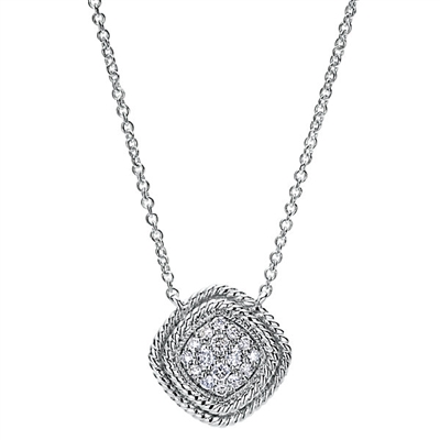 Diamond accents shine in the center of this 14k white gold diamond necklace surrounded by double rows of braided white gold.