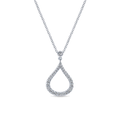 This unique 14k white gold diamond necklace features 0.25 carats of round diamond brilliance in an open and stylish raindrop shape.