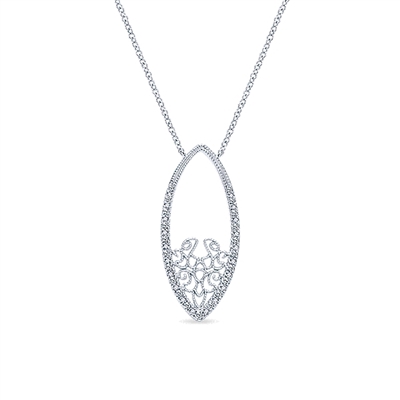 This 14k white gold diamond mosaic necklace features 0.23 carats of diamond brilliance with a bold marquise drop, holding a white gold mosaic within.