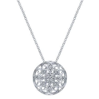 This beautifully styled 14k white gold diamond necklace features 0.18 carats of diamonds set into intricately worked 14k white gold.