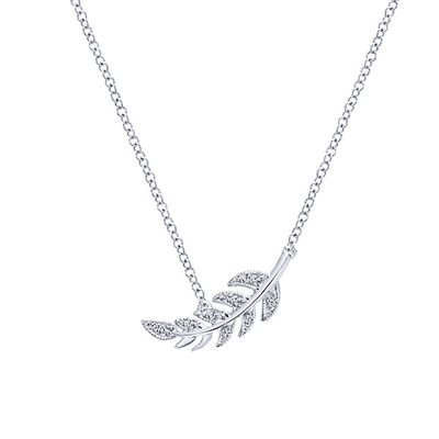 A diamond set 14k white gold feather necklace in your choice of length!