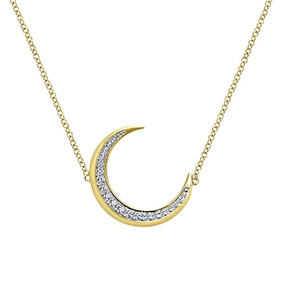 This beautiful 14k yellow gold and diamond necklace is in the shape of a crescent moon..