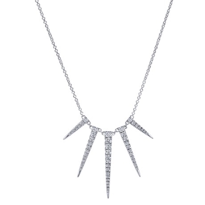 Five sections of 14k white gold dagger style drops are set with 2/3 carats of diamonds in this sleek, sophisticated and unique diamond fashion necklace by Gabriel & Co.