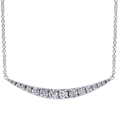 This 14k white gold diamond curve bar fashion necklace glistens with 050 carats of round diamond shine.