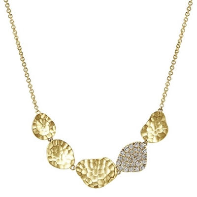 This 14k yellow gold diamond leaf necklace sparkles with round diamond accents on one leaf to create a contrats in style.