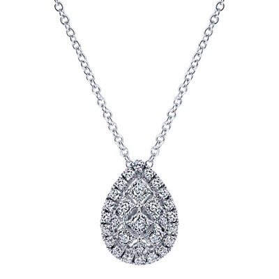 Fabulous round diamonds drip from this graceful pear shape diamond pendant thats all attached to a strong 14k white gold link chain.