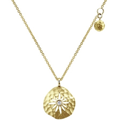 This stylish and fun 14k yellow gold diamond necklace with a hammered texture and a yellow gold tag is a great, unique and fun 14k yellow gold diamond necklace.