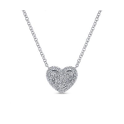 In 14k white gold, this diamond heart necklace contains 0.25 carats of diamonds.