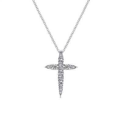 Shining diamonds and 14k white gold form this diamond cross necklace.