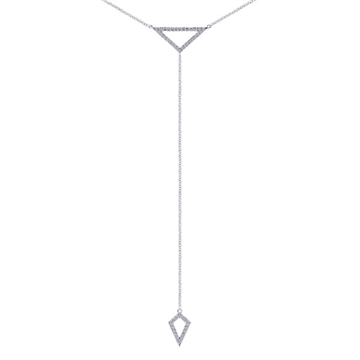 White gold and diamonds drop from your neck in this trendy and modern white gold diamond drop necklace.