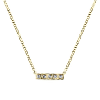 14 yellow gold creates this diamond bar necklace.