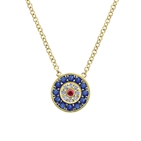 This 14k yellow gold evil eye necklace features diamonds, rubies and sapphires, oh my!