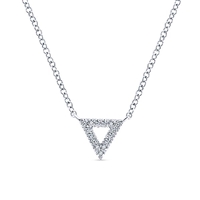 In 14k white gold, this open triangle diamond necklace shimmers.