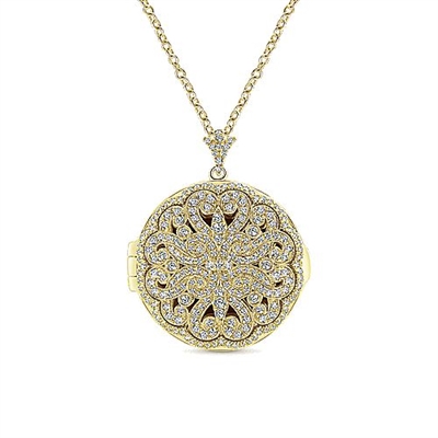 This 14k yellow gold diamond locket features artful diamond work.