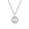 A 14k white gold pearl and diamond necklace with 0.11 carats of round brilliant diamonds.