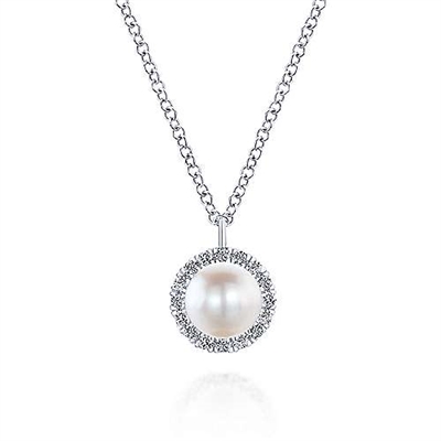 A 14k white gold pearl and diamond necklace with 0.11 carats of round brilliant diamonds.