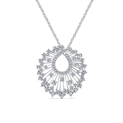 This 18k white gold diamond necklace features nearly 2 carats of diamond shine in this waterfall style diamond necklace.