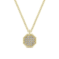 14k yellow gold diamond cluster necklace with diamond accents.