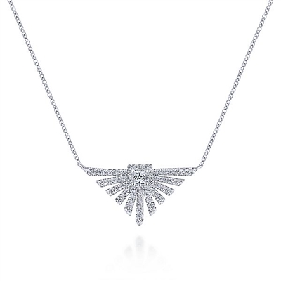 This spectacular 14k white gold diamond necklace spreads in a starburst shape.