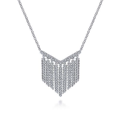 This 14k white gold necklace showcases a diamond bar with over one half carats of diamonds in a fringe setting.