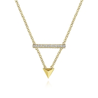 A 14k yellow gold triangle and a diamond bar mix well together n this fashion necklace.