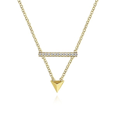 A 14k yellow gold triangle and a diamond bar mix well together n this fashion necklace.