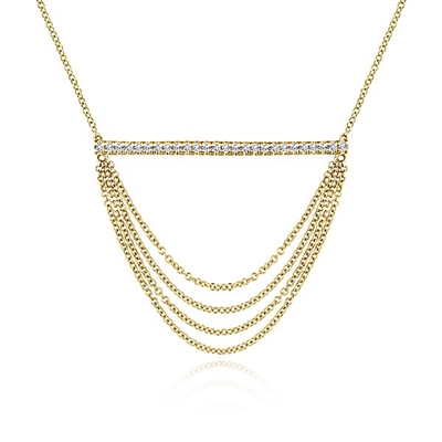 Hanging strands of 14k yellow gold meet with this diamond bar necklace.