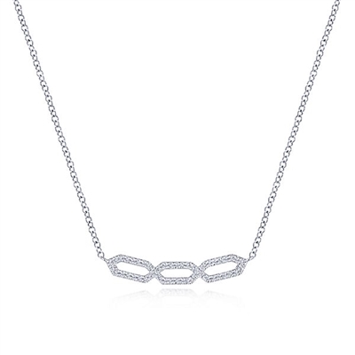 This 14k white gold diamond bar section necklace features one third carats of diamonds.