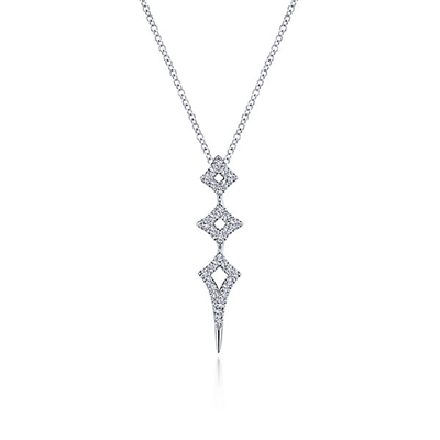 This 14k white gold diamond necklace has three diamond sections.
