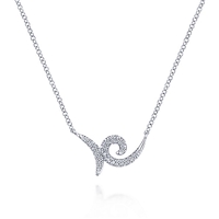 Diamond swirls feature 0.10 carats of diamonds in this 14k white gold necklace.