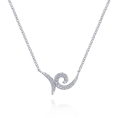 Diamond swirls feature 0.10 carats of diamonds in this 14k white gold necklace.