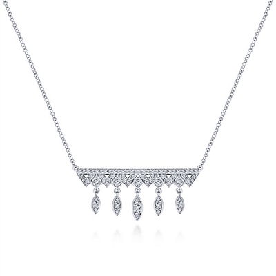 This 14k white gold diamond bar drop necklace with nearly one half carats of diamonds.