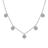 Five diamond disc stations dangle in this 14k white gold diamond choker necklace.
