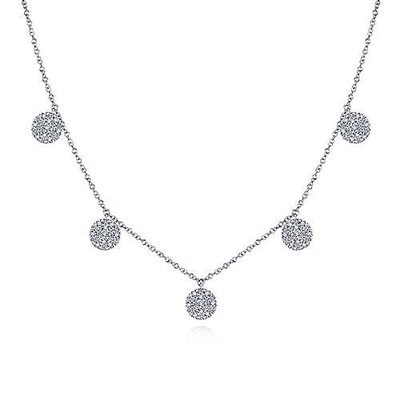 Five diamond disc stations dangle in this 14k white gold diamond choker necklace.