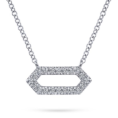 14k white gold and diamond hexagon bar necklace.