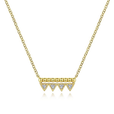 14k yellow gold beaded bar necklace features diamond accents.