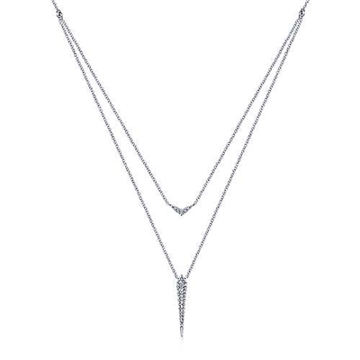Two diamond necklaces layer together n this 14k white gold diamond drop necklace.