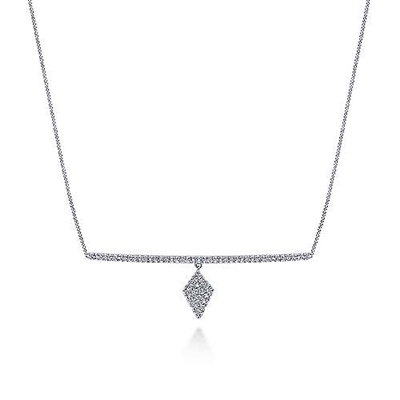 This 14k white gold diamond bar necklace features over one third carats of diamond shine with an adjustable chain length.