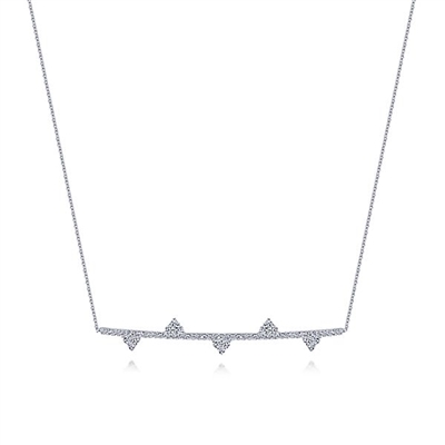 This 14k white gold diamond bar necklace is a choker.