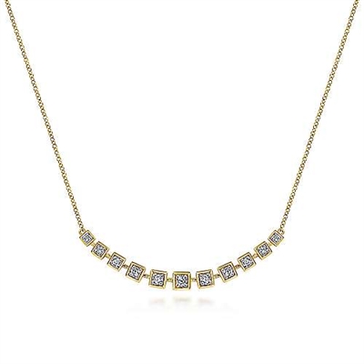 This 14k yellow gold square bar necklace features over one quarter carats of round brilliant diamonds with an adjustable chain.