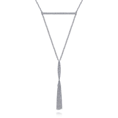 Tassel style 14k white gold diamond necklace.