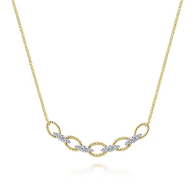 This 14k two tone diamond link and loop necklace features round brilliant diamonds.